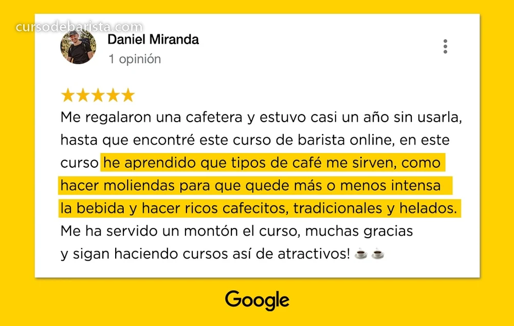 Reseña de Daniel Miranda en Google sobre el curso